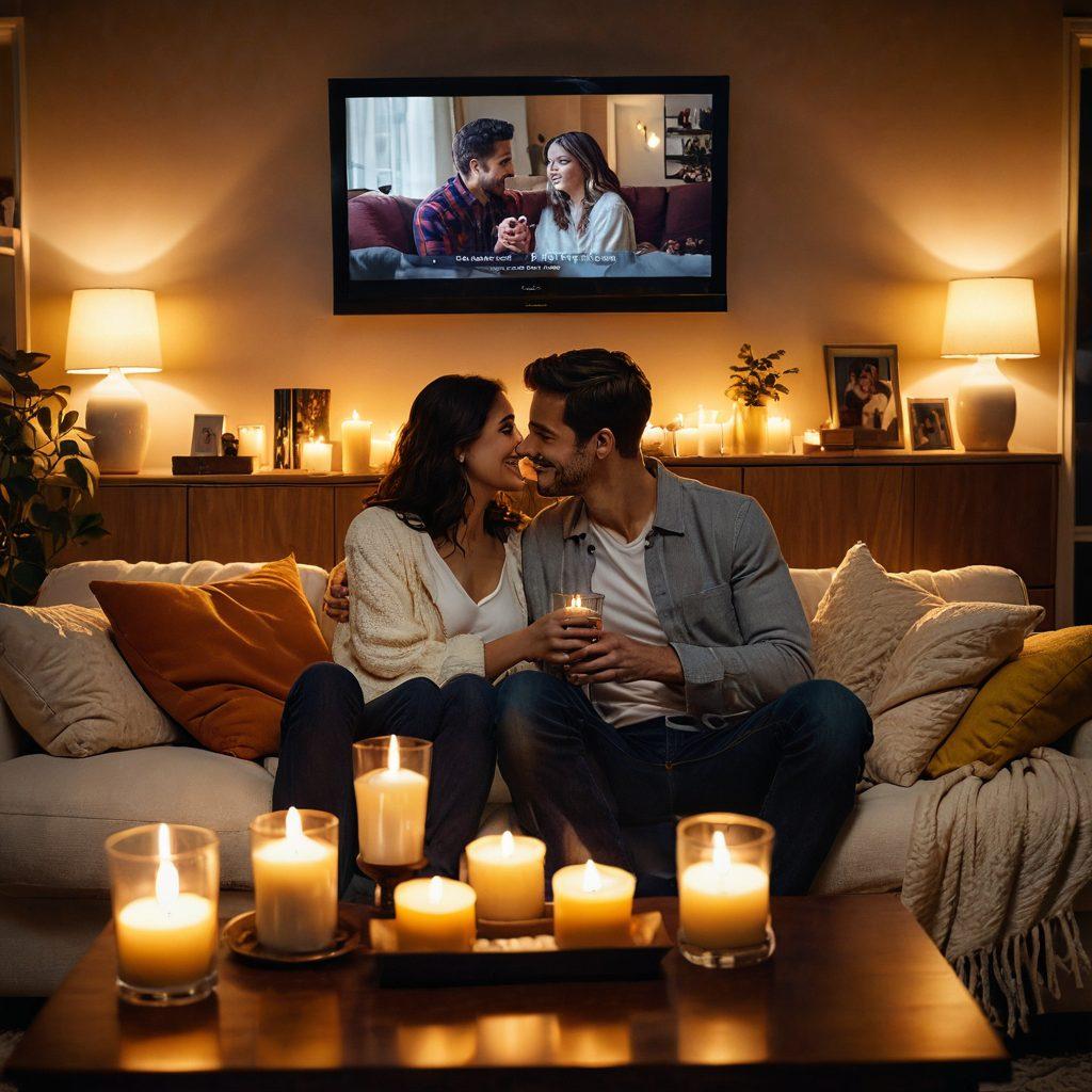 A cozy, dimly lit living room scene with a couple watching a passionate relationship advice video on a large screen, surrounded by soft pillows, warm blankets, and flickering candles. They are engaged and smiling, creating an intimate atmosphere. The video on the screen features vibrant visuals of heartwarming moments and relationship tips. Include elements like popcorn and drinks to enhance the comfort vibe. super-realistic. warm tones. soft lighting.