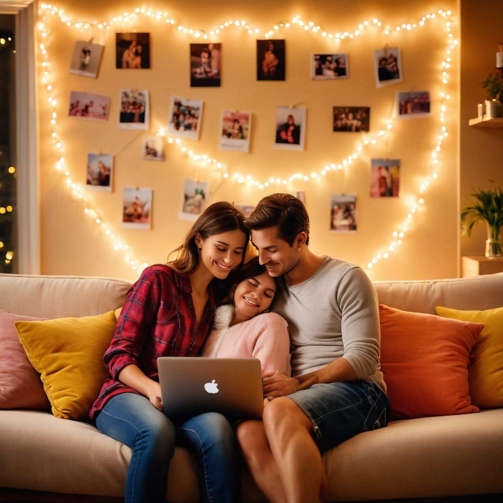 A warm, romantic ambiance featuring a couple watching videos together on a cozy couch, surrounded by soft fairy lights and cushions. Include a laptop or tablet screen displaying a dynamic, heartwarming video thumbnail. The backdrop should have elements of passion like love notes and photos. Emphasize connection and joy in their expressions. soft focus, warm colors, cozy atmosphere, intimate setting.